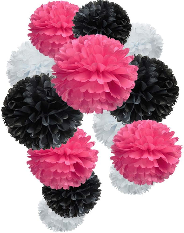 White, Pink And Black Pom Pom Flower Decoration For Birthday Parties, Anniversary Party & Baby Shower