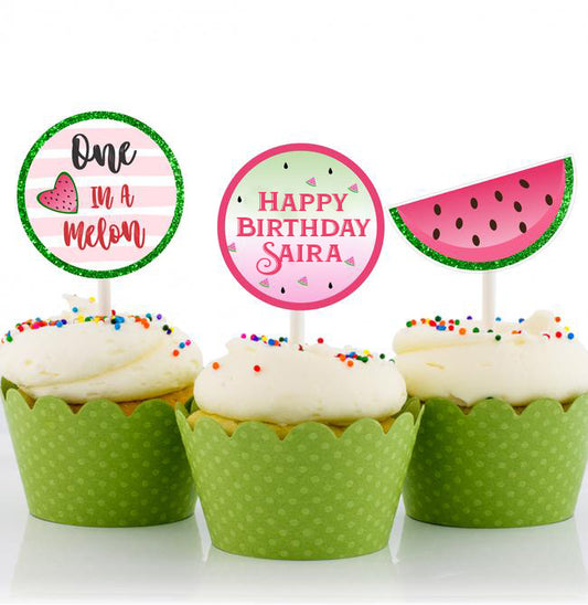 One In A Melon Theme Birthday Party Cupcake Toppers for Decoration 