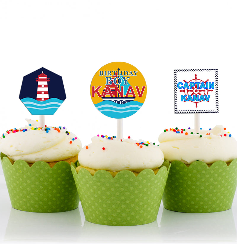 Nautical Ahoy  Theme Birthday Party Cupcake Toppers for Decoration 