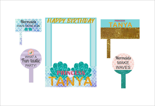 Mermaid Theme Birthday Party Selfie Photo Booth Frame & Props