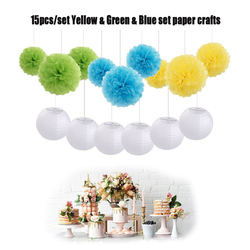 Blue ,Yellow And Green Tissue Paper Pompoms And White Paper Lanterns -Birthday Party Decoration