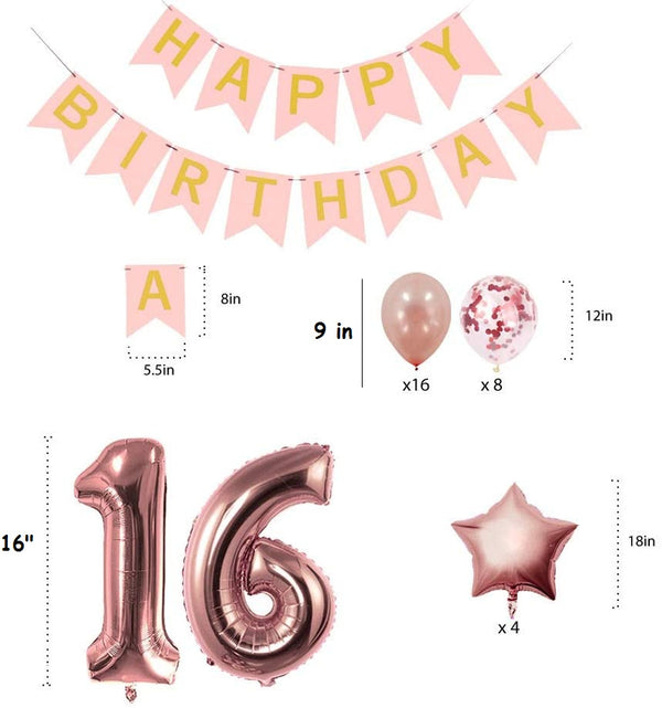 Rose Gold Sweet Party Supplies - Sweet Gifts for Girls - Birthday Party Decorations - Happy Birthday Banner, Number and Confetti Balloons (16th Birthday)