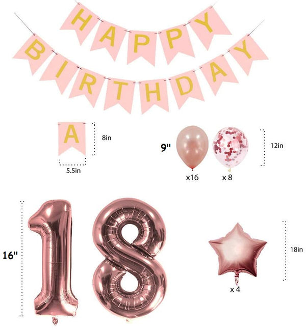 Rose Gold Sweet Party Supplies - Sweet Gifts for Girls - Birthday Party Decorations - Happy Birthday Banner, Number and Confetti Balloons (18th Birthday)