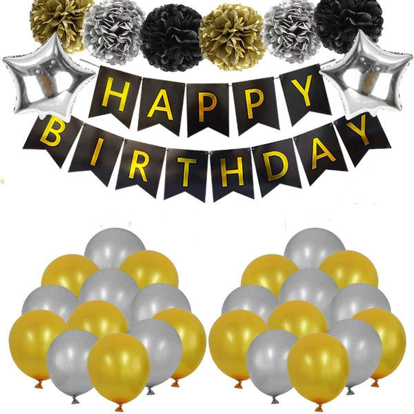 Birthday Decorations Silver Black Gold Complete Set