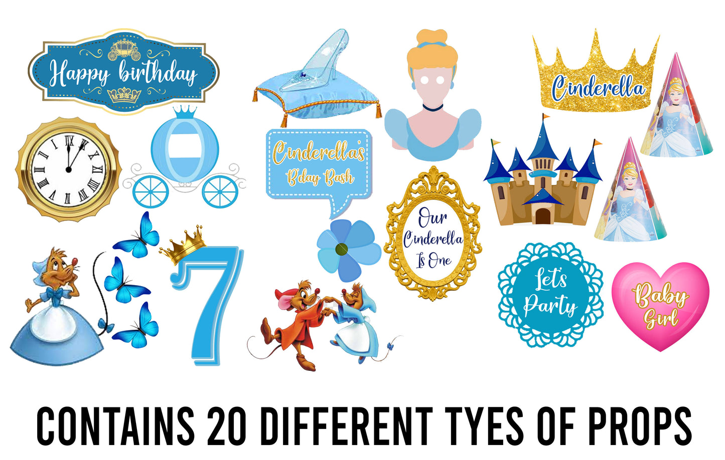Cinderella Theme Birthday Party Photo Booth Props Kit