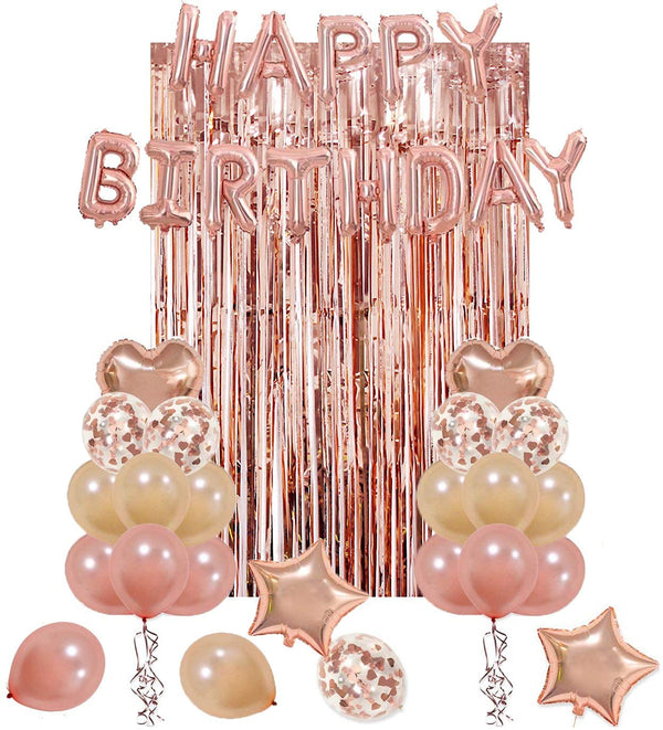Birthday Party Decorations Kit Happy Birthday Balloons Banner, Heart & Star Foil Balloons, Latex Balloons and Confetti Balloons, Metallic Foil Fringe Curtains Photo Backdrop (Rose Gold)