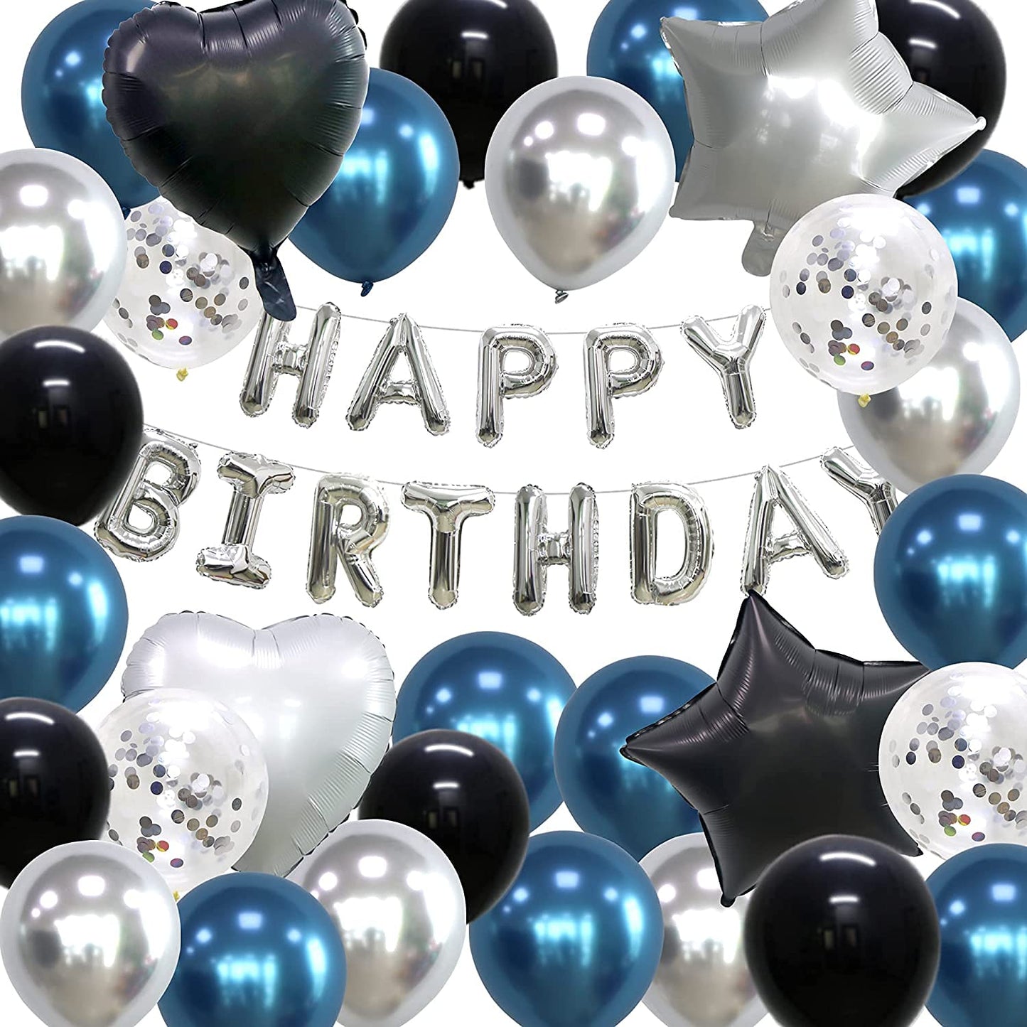 Navy Blue Black and Silver Party Decorations for Silver Happy Birthday Banner Love and Star Foil Balloon Dark Blue for Little King Baby Shower Decorations