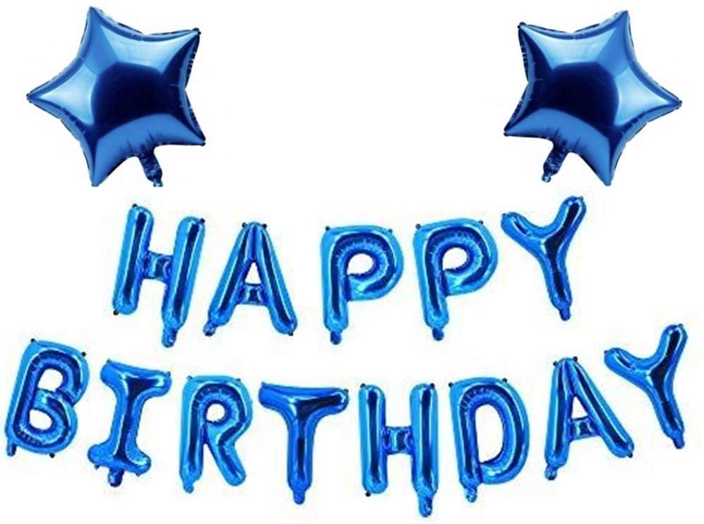 Blue Happy Birthday Banner Balloon Bunting Blue 16 inch Letters Foil & 2 Pack Large 18 Inch Blue Stars Ballloons for Boys Birthday Party Decorations Supplies