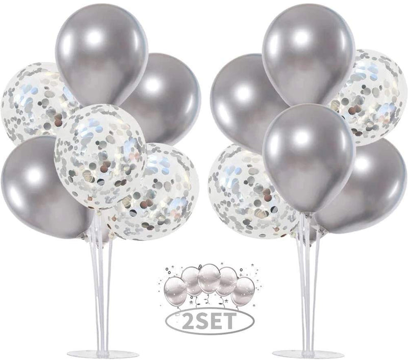 Balloons Stand KIT Table Decorations, 2 Set with 16 PCS Balloons and Confetti Balloons (Silver)