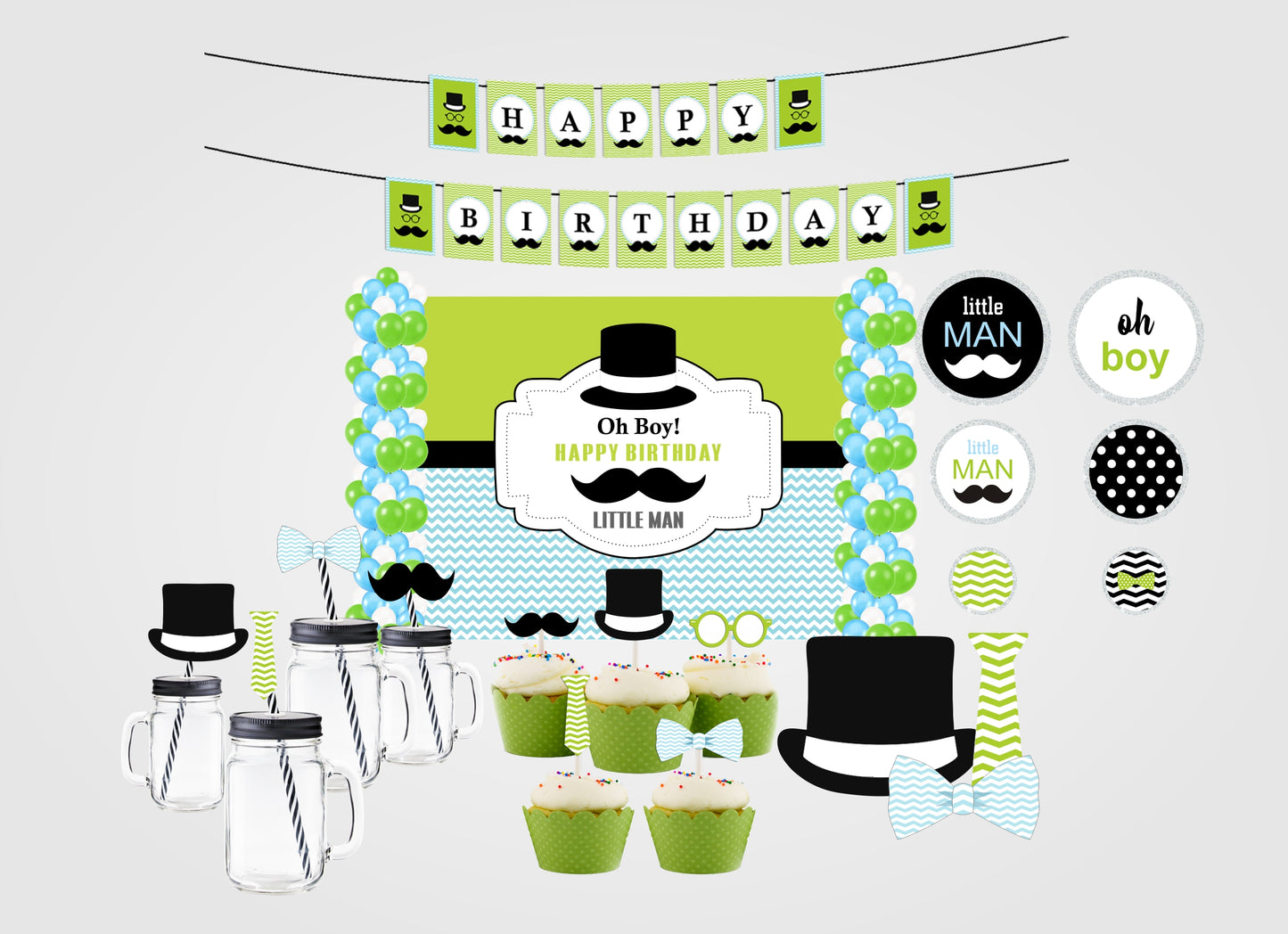 Little Man Theme Birthday Complete Party Kit with Backdrop & Decorations