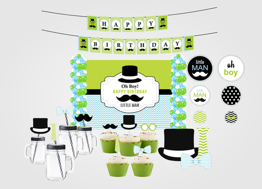 Little Man Theme Birthday Complete Party Kit with Backdrop & Decorations