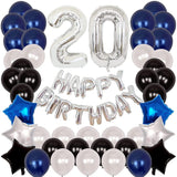 20th Birthday Decoration Balloon, 16 Inch Number Balloons, Banner Navy Blue White Black Latex Balloons Star Foil Balloons for Boys Girls Birthday Party Supplies (20th Birthday)