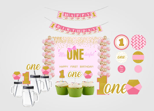 One is Fun First Birthday Complete Party Kit with Backdrop & Decorations