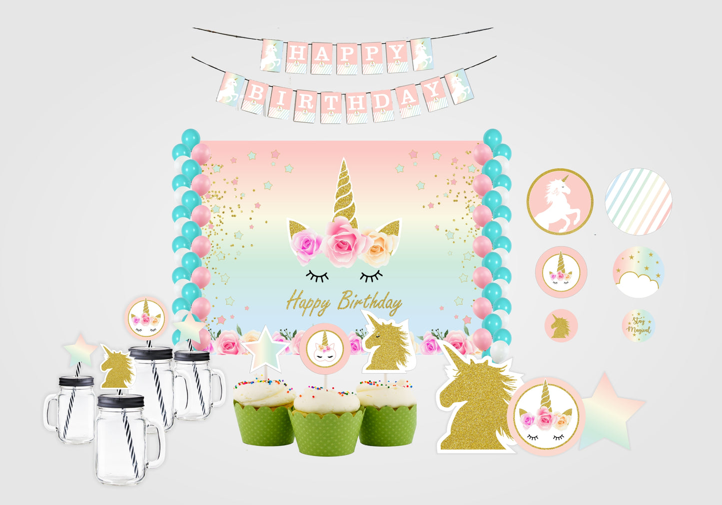 Unicorn Theme Complete Party Kit with Backdrop & Decorations