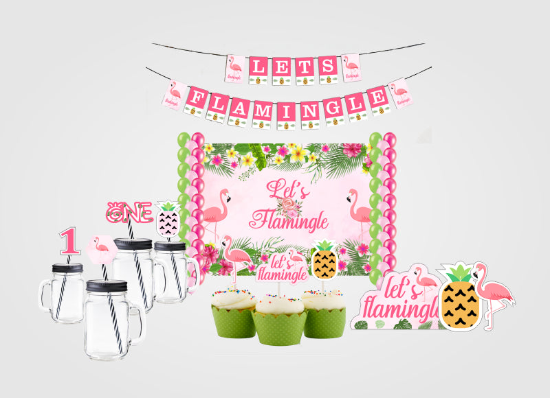 Flamingo Theme Birthday Complete Party Kit with Backdrop & Decorations
