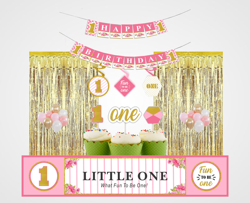 One is Fun First Birthday Party Decoration Kit with Foil Curtains