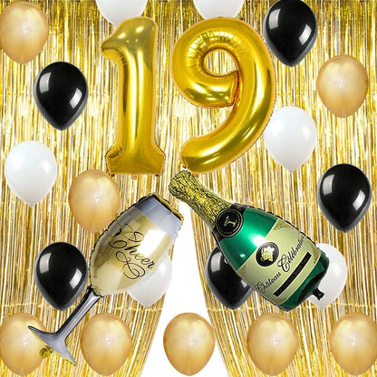 Party Decorations Supplies, Number 1 and 9 Balloons Gold Foil Fringe Curtains Backdrop Props Champagne Bottle Wine Glass Balloons Decoration for Bachelor Celebration (19th Birthday)