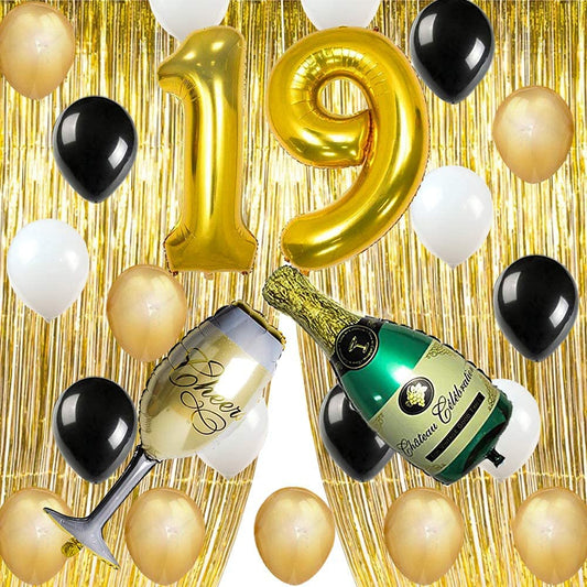 Party Decorations Supplies, Number 1 and 9 Balloons Gold Foil Fringe Curtains Backdrop Props Champagne Bottle Wine Glass Balloons Decoration for Bachelor Celebration (19th Birthday)
