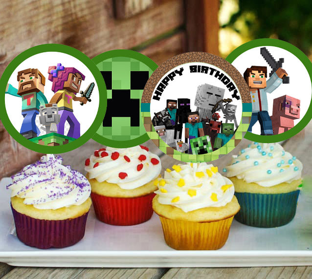 Minecraft Theme Birthday Party Cupcake Toppers