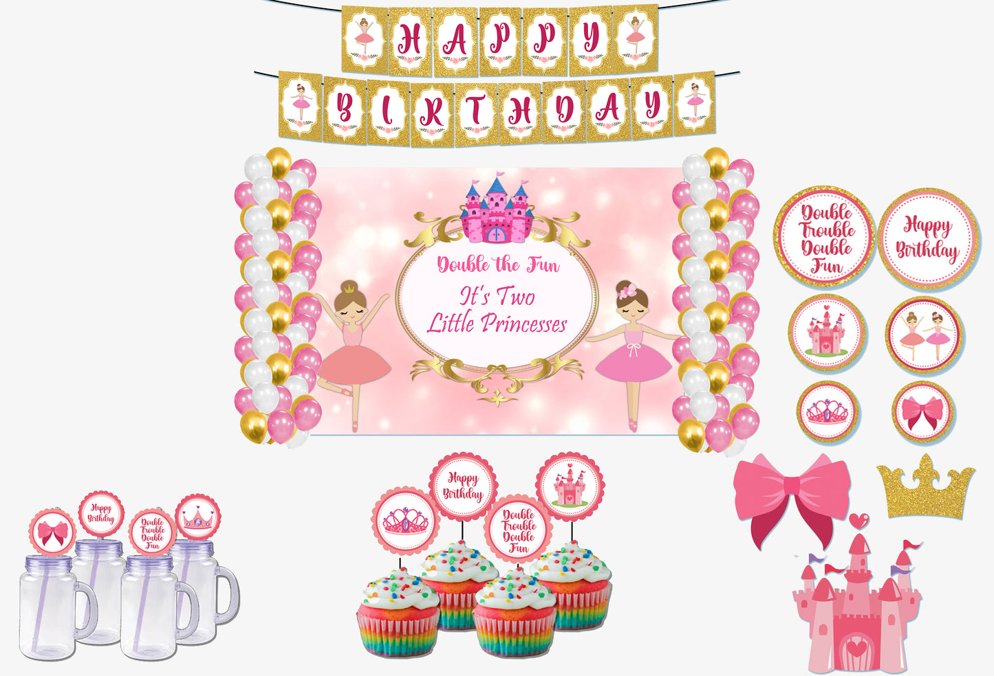 Twin Girls Theme Birthday Complete Party Kit with Backdrop & Decorations