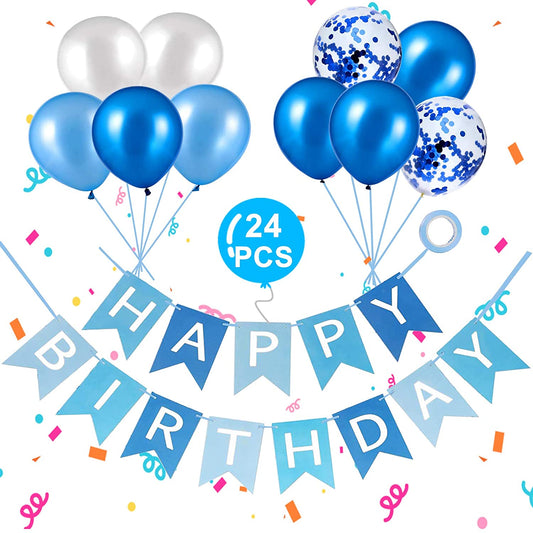 Happy Birthday Banner, Happy Birthday Banners with Blue Latex Balloons/Confetti Balloons, Blue Happy Birthday Bunting Banners for Girls Boys 1st 18th 21st 30th Any Ages Birthday Party Decorations