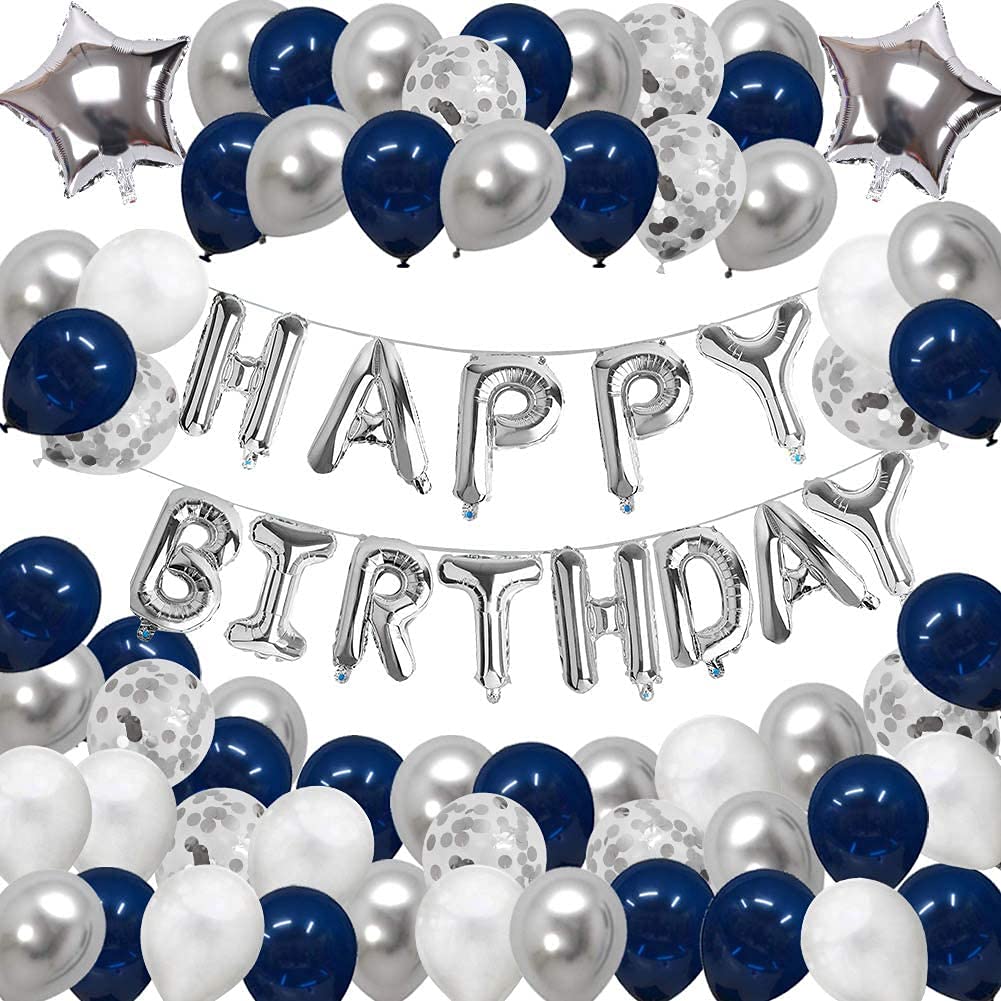 Birthday Decorations Happy Party Balloons Banner Supplies for Boys Girls Men Women Kids Navy Blue and Silver Confetti Latex Sets