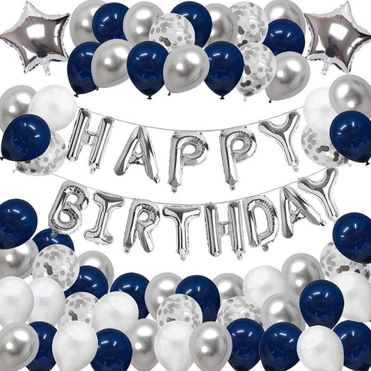 Birthday Decorations Happy Party Balloons Banner Supplies for Boys Girls Men Women Kids Navy Blue and Silver Confetti Latex Sets