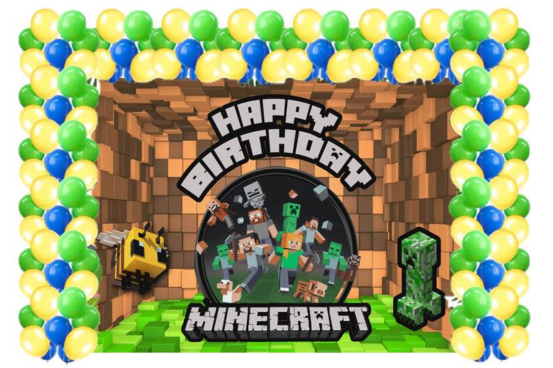 Minecraft Theme Birthday Party Decoration kit with Backdrop & Balloons