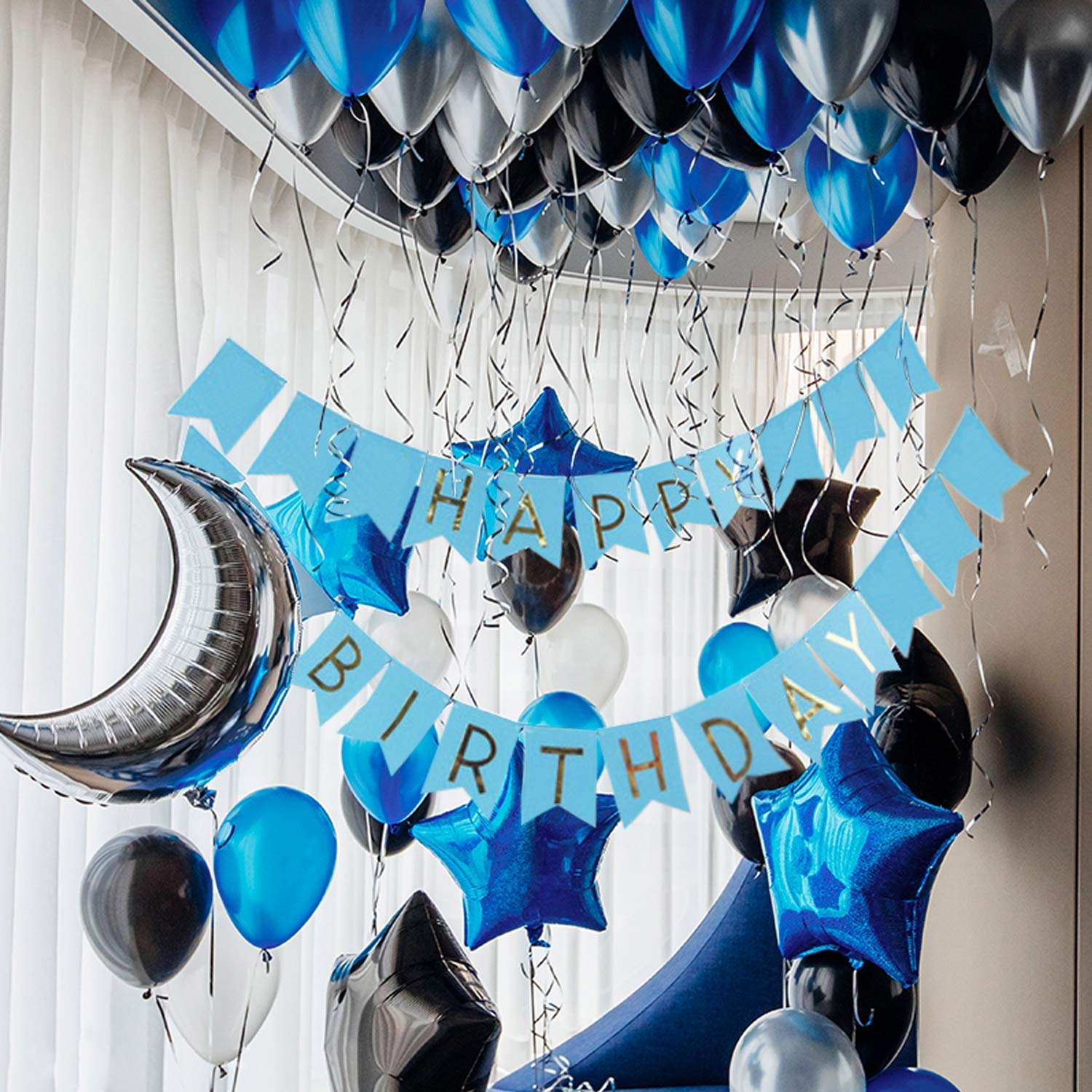 Blue and Silver Black with Blue Star foil Happy Birthday Banner Party ...