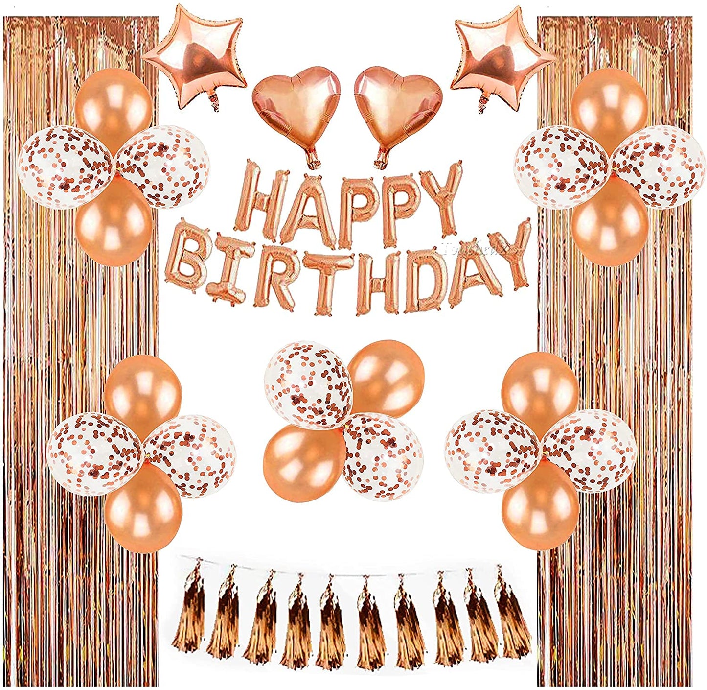 Birthday Decorations for Girls and Women with Happy Birthday Balloons Banner and Complete Rose Gold Party Supplies includes Tassel Garland Foil Curtain Confetti Heart Star Shaped