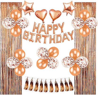 Birthday Decorations for Girls and Women with Happy Birthday Balloons Banner and Complete Rose Gold Party Supplies includes Tassel Garland Foil Curtain Confetti Heart Star Shaped