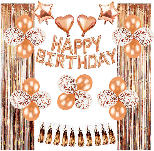 Birthday Decorations for Girls and Women with Happy Birthday Balloons Banner and Complete Rose Gold Party Supplies includes Tassel Garland Foil Curtain Confetti Heart Star Shaped