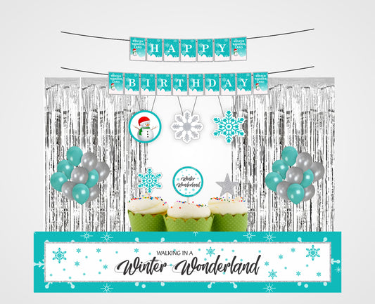 Winter Wonderland Theme Complete Party Kit with Backdrop & Decorations
