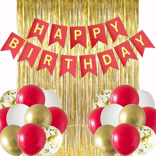 Red and Gold Happy Birthday Party Decorations with Banner Balloons Foil Fringe Curtains for Girls Women