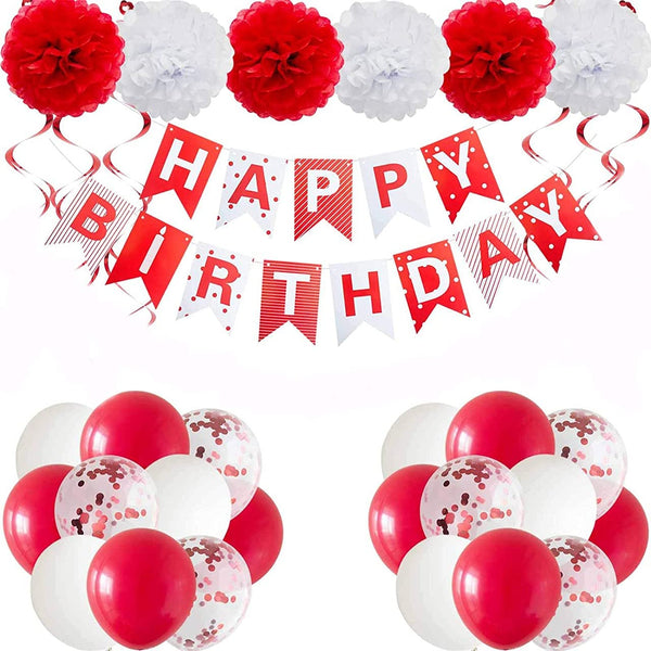 Red and White Happy Birthday Party Decorations with Banner 30 Pcs Balloons