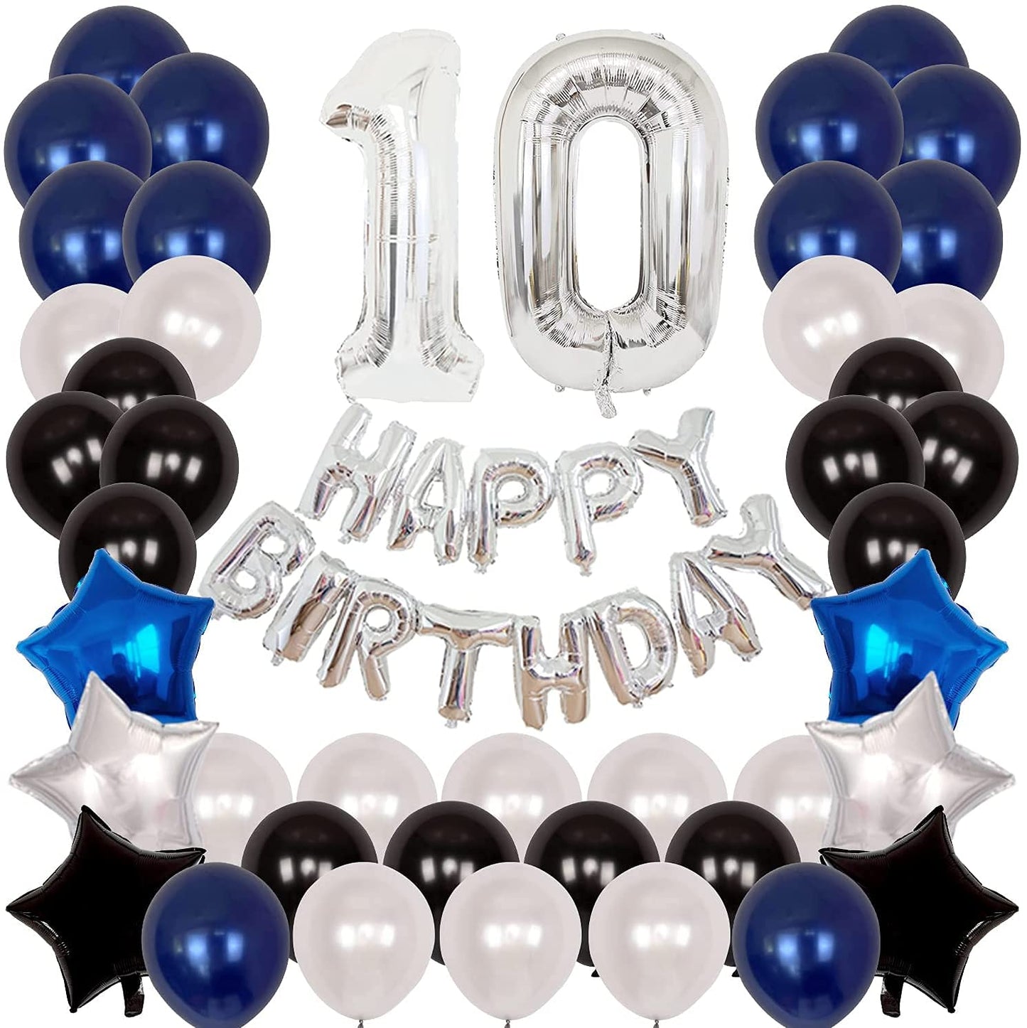 10th Birthday Decoration Balloon, 16 Inch Number Balloons, Banner Navy Blue White Black Latex Balloons Star Foil Balloons for Boys Girls Birthday Party Supplies (10th Birthday)