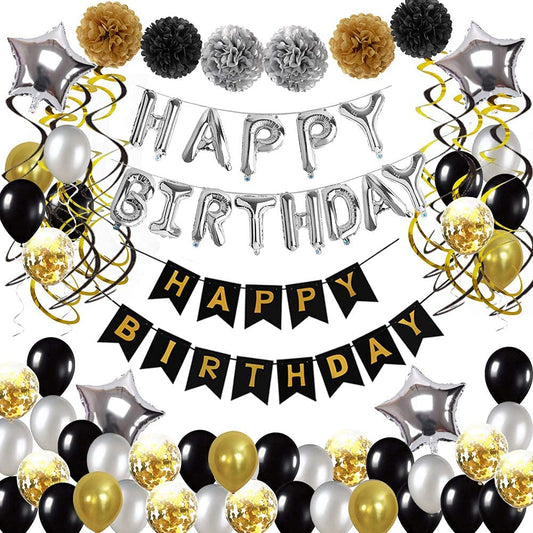 Birthday Party Supplies with Happy Birthday Balloons Banner and Paper Banner Gold and Black for Boys Girls 16th 18th 20th 21st 30th 40th 50th 60th Party Supplies