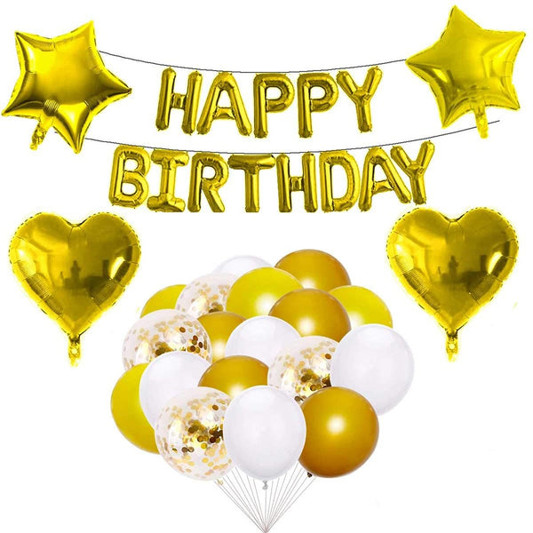 Gold Birthday Decorations, Happy Birthday Balloon Banner, Gold Party Decorations, Happy Birthday Foil Balloons, Heart Star Foil Confetti Balloons (Happy Birthday)