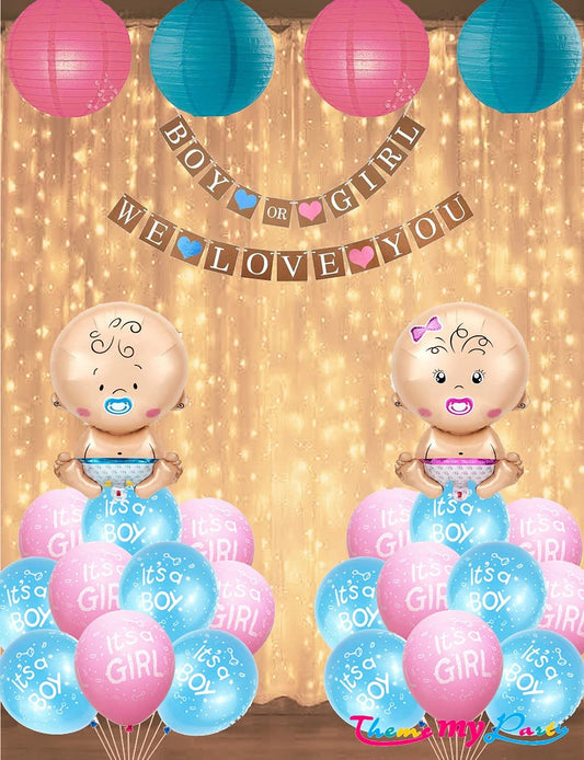 Boy Or Girl We Love You 26 pcs Baby Shower Decoration Combo for Banner and Metallic Blue, Pink Balloons with Led Light (Baby Shower)