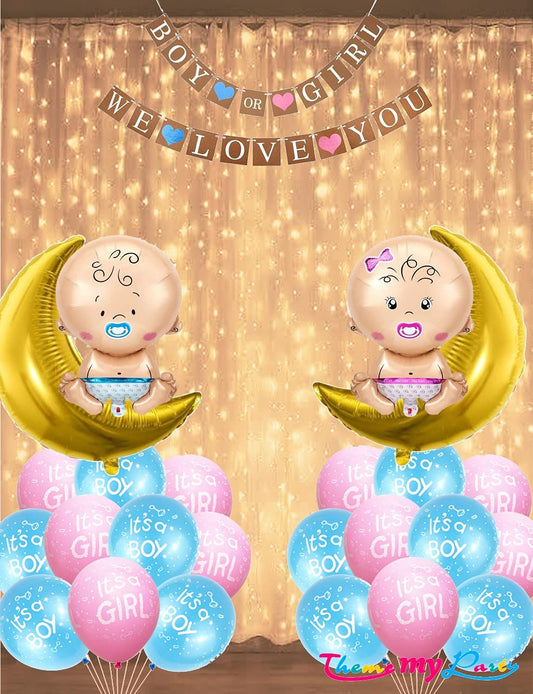 Boy Or Girl We Love You 26 pcs Baby Shower Decoration Combo for Banner and Metallic Blue, Pink Balloons with Light (Baby Shower)