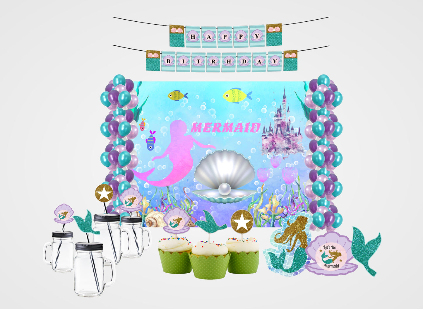 Mermaid Theme Birthday Complete Party Kit with Backdrop & Decorations