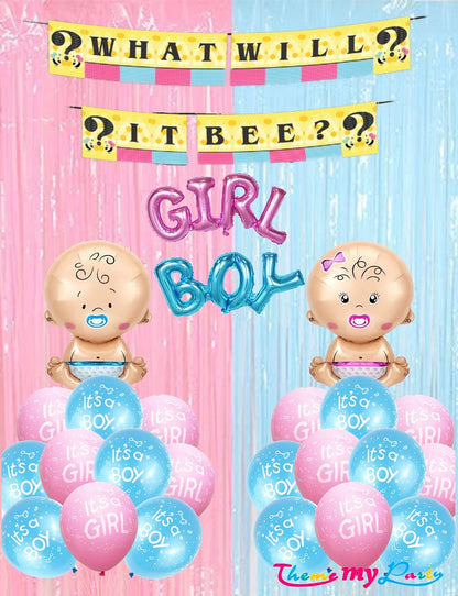What Will It Bee  Baby Shower Decoration Combo for Banner and Printed Blue, Pink Balloons