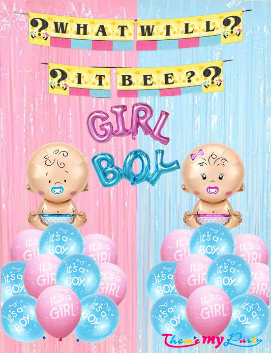 What Will It Bee  Baby Shower Decoration Combo for Banner and Printed Blue, Pink Balloons