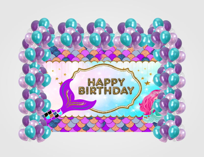 Mermaid Theme Birthday Party Decoration Kit with Backdrop & Balloons