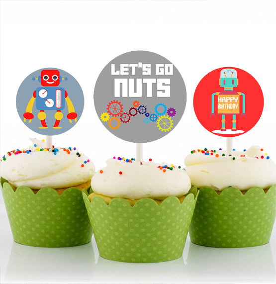 Robot Theme Birthday Party Cupcake Toppers