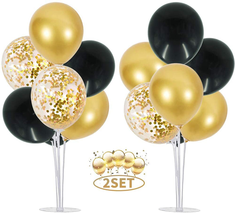 2 Set Table Centerpiece Balloons Stand Kit Include 16 Black Gold Latex Confetti Balloons for Birthday, Baby Shower, Wedding, Graduation, Anniversary Table Party Decorations. (Balloons)