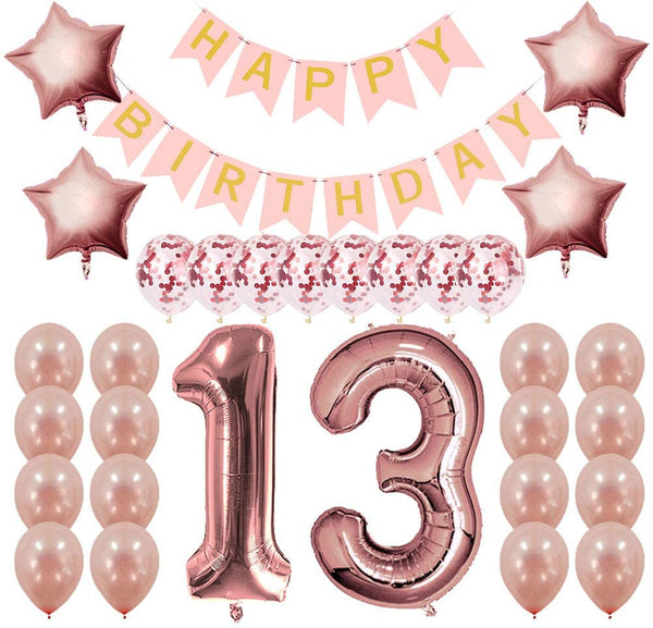 Rose Gold Sweet Party Supplies - Sweet Gifts for Girls - Birthday Party Decorations - Happy Birthday Banner, Number and Confetti Balloons (13th Birthday)