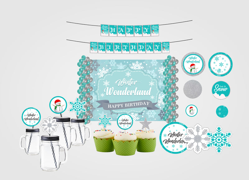 Winter Wonderland Theme Complete Party Kit with Backdrop & Decorations
