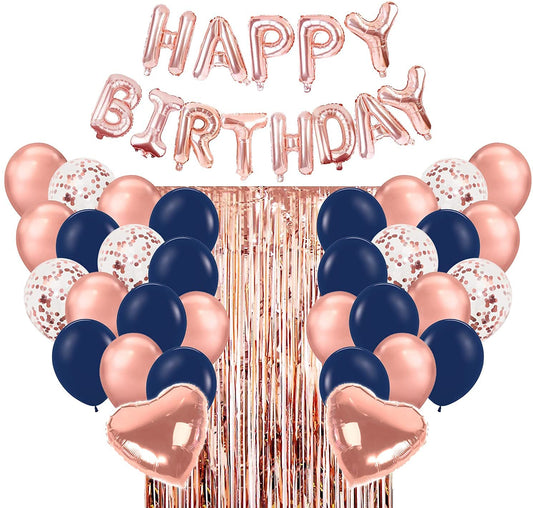 Blue Birthday Party Decorations Set with Happy Birthday Balloons Banner, Confetti Balloons, Foil Fringe Curtain for Birthday Party Supplies (Rose Gold)