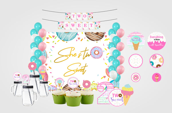 Two Sweet Theme Birthday Complete Party Kit with Backdrop & Decorations